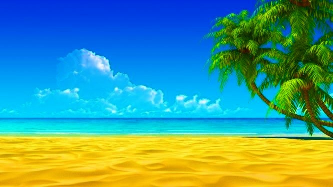 Photo of a beach, with sun, palm tree, blue sky and sand